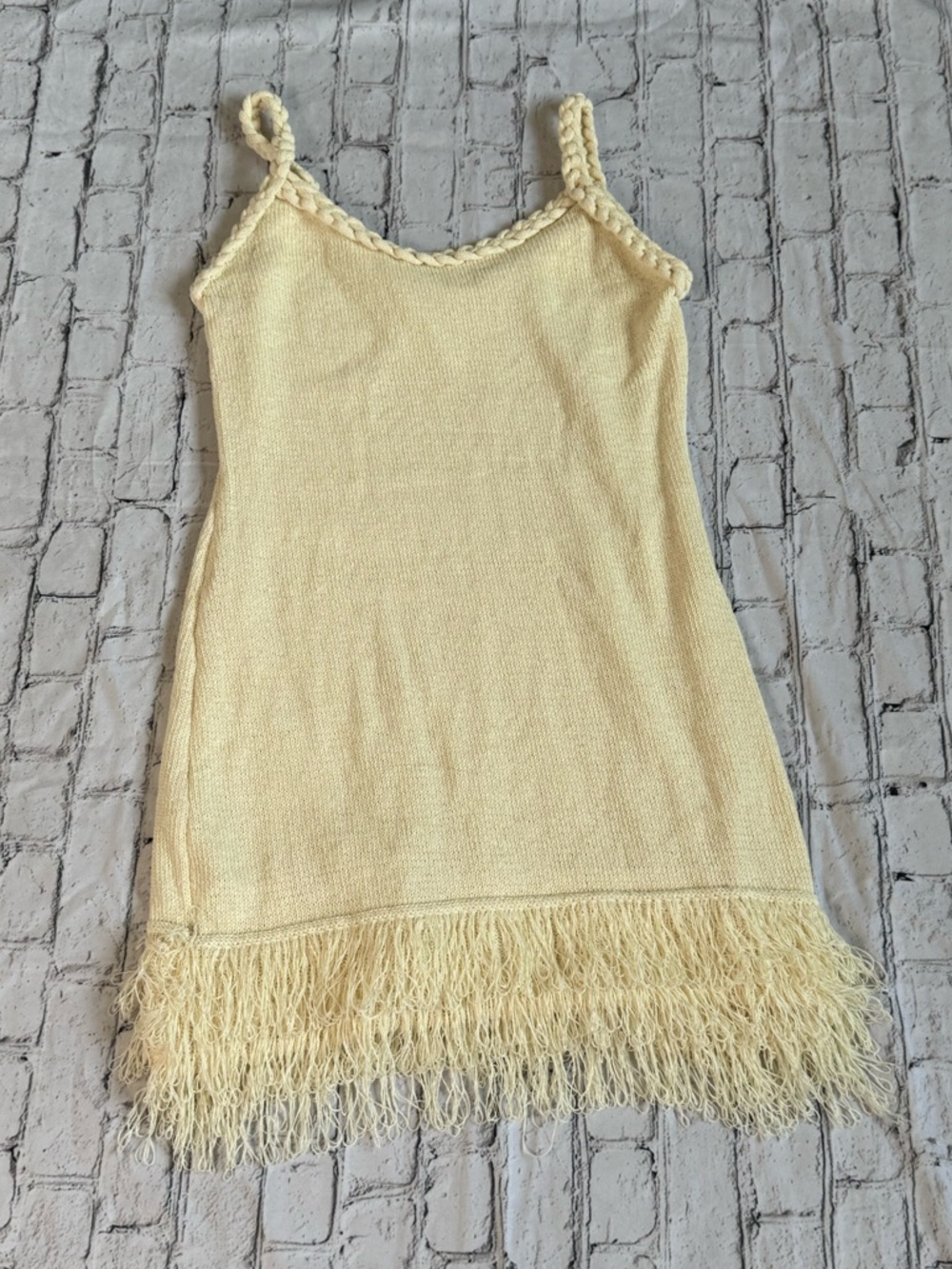 Women's Cream Knit Fringe Slip Dress
